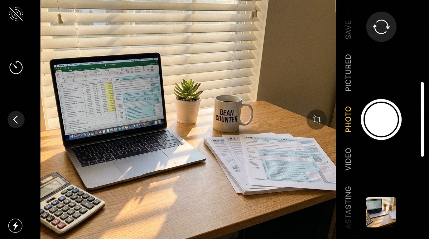 Organized accountant desk with laptop, calculator and tax forms