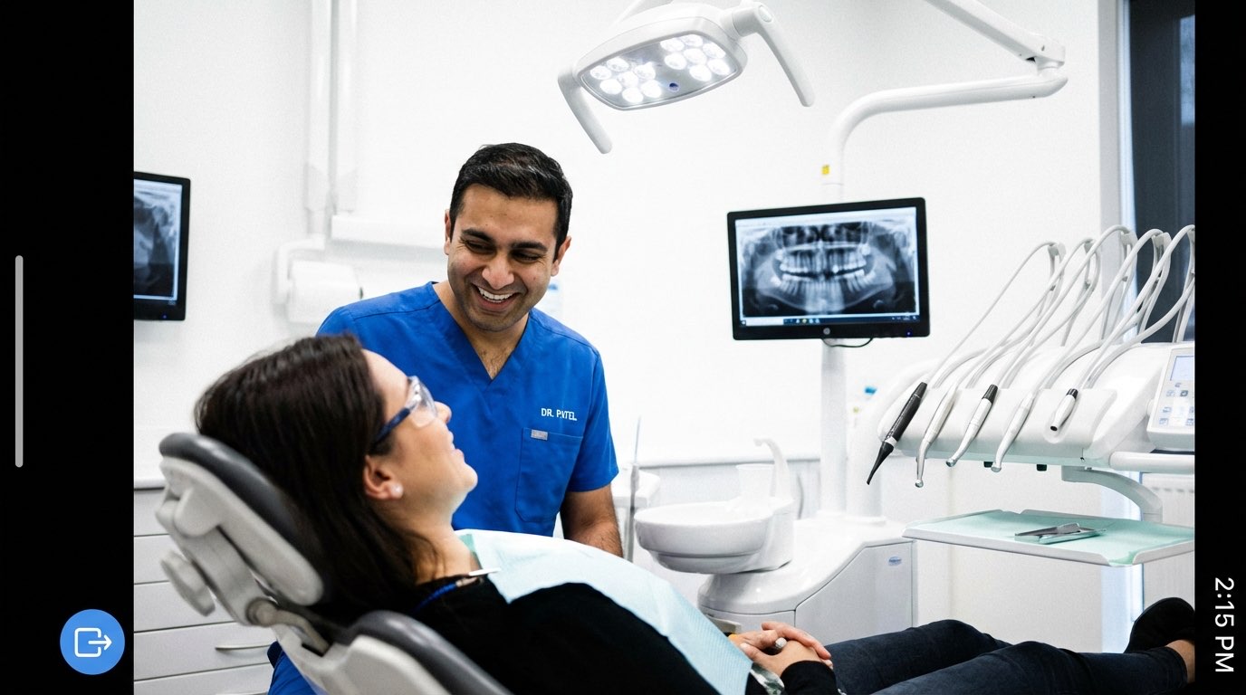 Dentist smiling warmly while talking to a patient