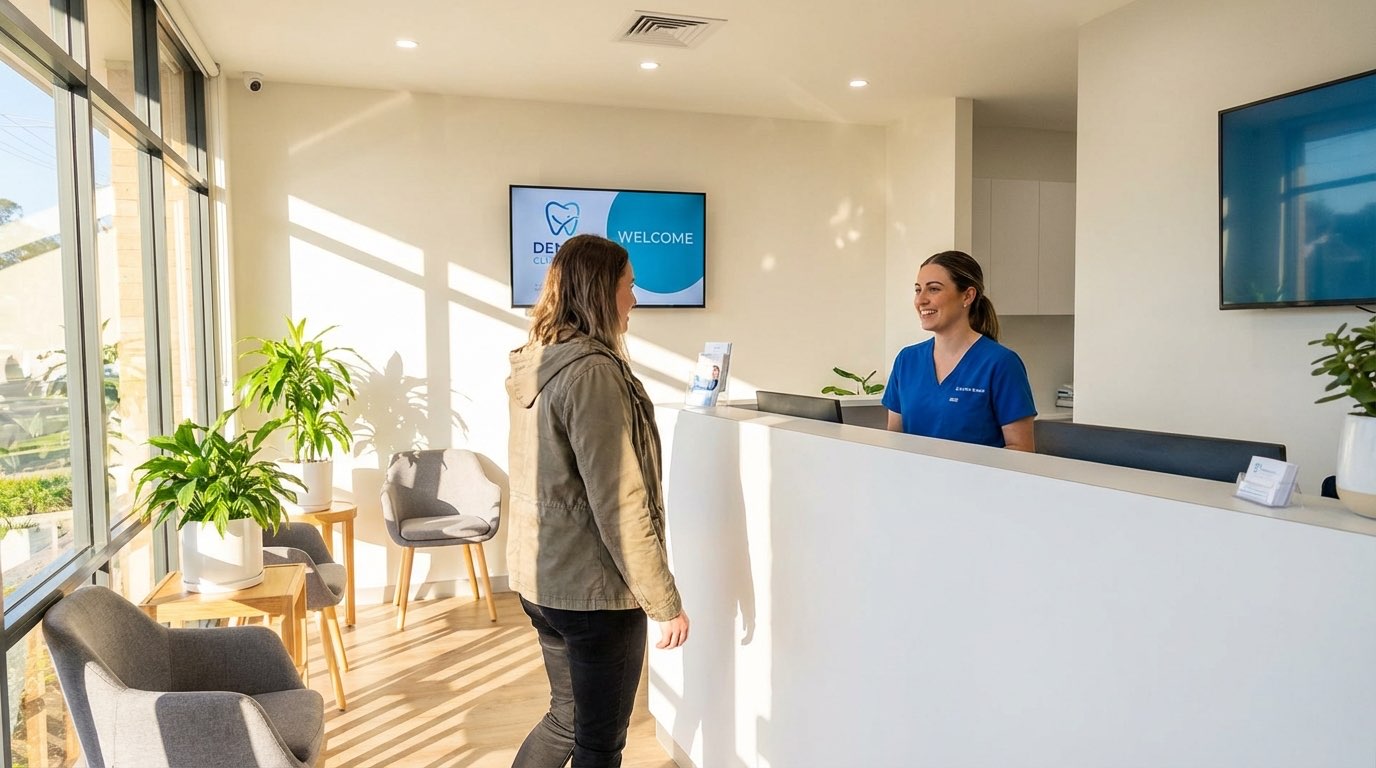 Modern clean dental clinic reception area with friendly staff
