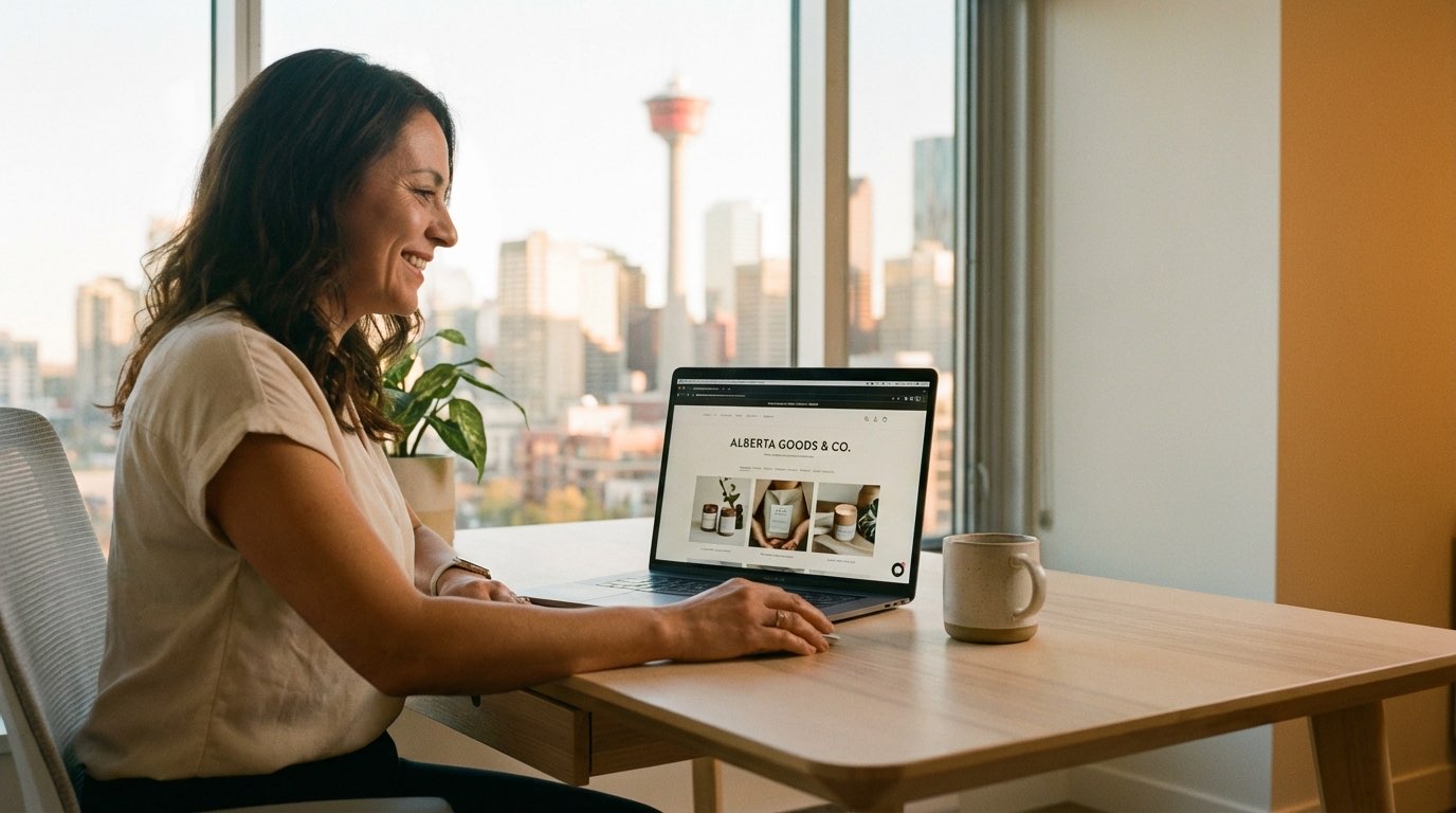 Calgary small business owner viewing her professional website with Calgary skyline in background