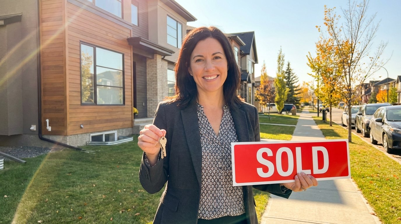 Calgary realtor smiling in front of a sold home