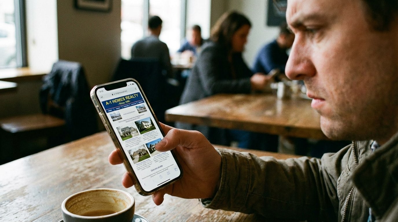 Person scrolling through an outdated real estate website on their phone