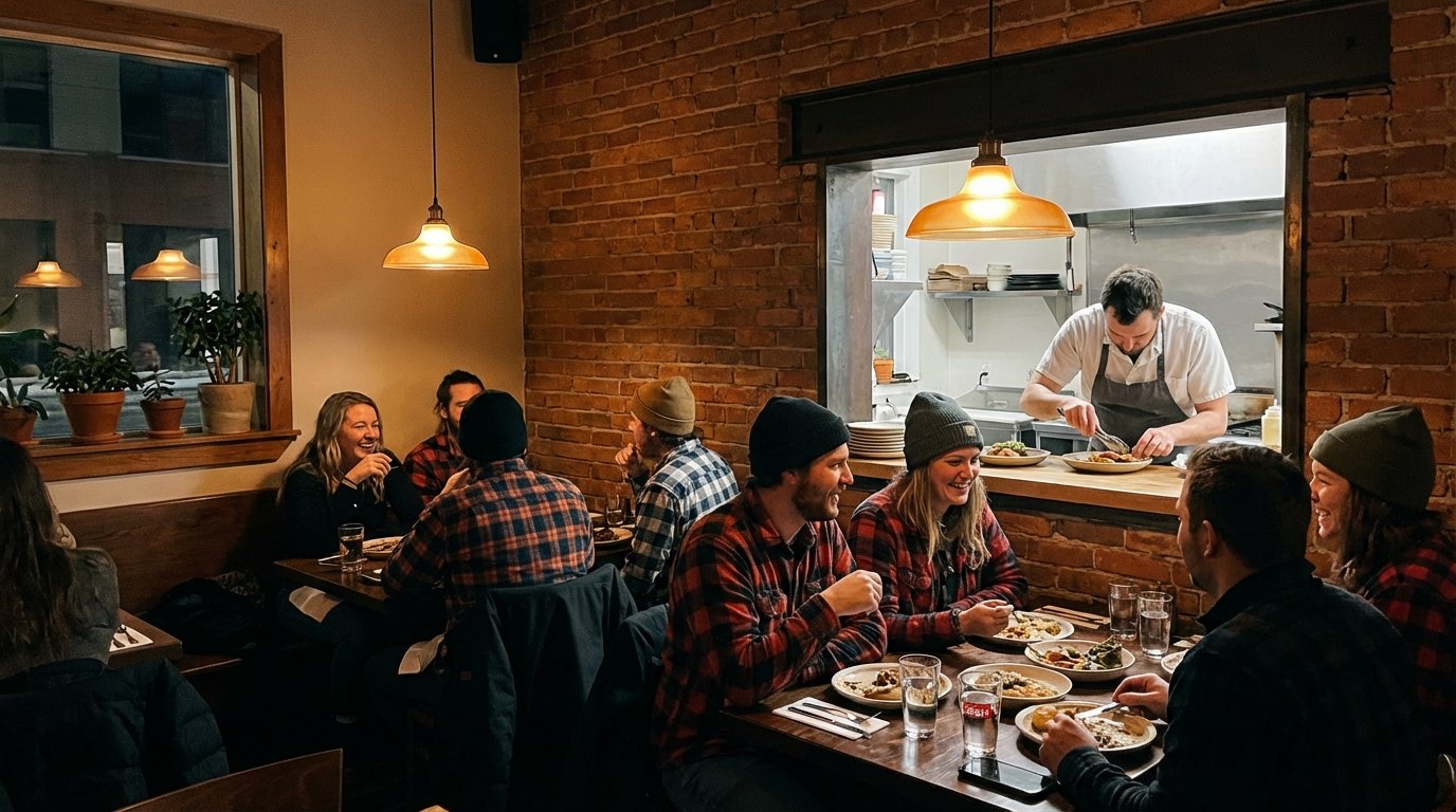 Cozy Calgary restaurant interior with warm lighting and happy diners