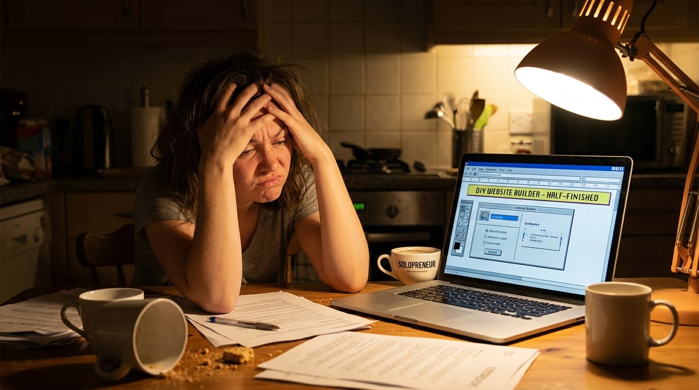 Frustrated solopreneur struggling with DIY website builder late at night