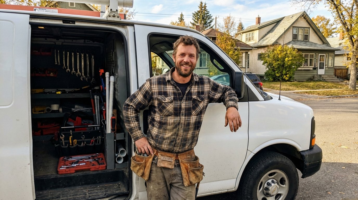 Calgary plumber smiling confidently next to his work van