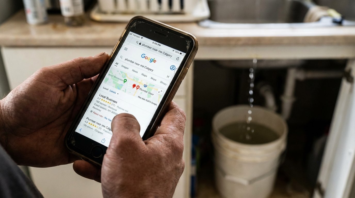 Homeowner searching for plumber near me on their phone